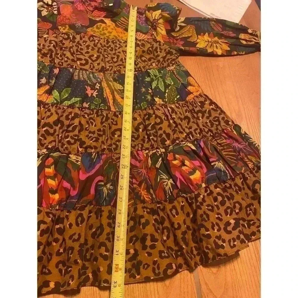 FARM Rio Rio Tiered Mini Dress Long Sleeve Small S Mixed Print Leopard Floral - Picture 7 of 8